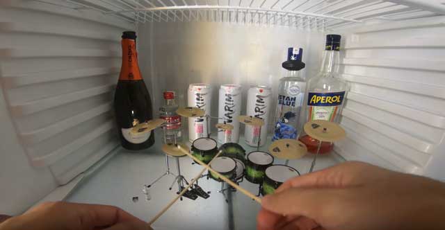 Watch cover of Slipknot’s “Psychosocial” played on a mini drum-kit in the fridge